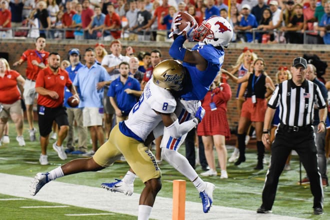 One of James Proche's outstanding catches of the 2019 season -- against Tulsa, which gave the Mustangs a win in triple overtime.