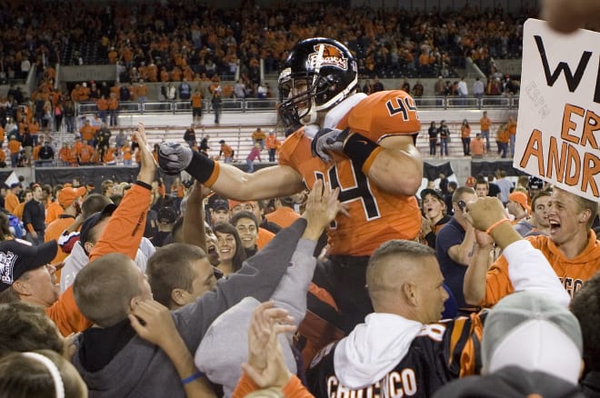 Former Beaver safety Greg Laybourn is lifted up as the Beavers defeated No. 1 USC in 2008