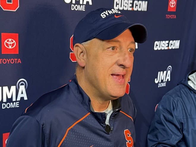 Apr 18, 2024; Syracuse, New York, USA; Syracuse Orange offensive line coach Dale Williams speaks with reporters following a practice at the Ensley Athletic Center. Mandatory Credit: Ryan Dominic Giancola-The Juice Online