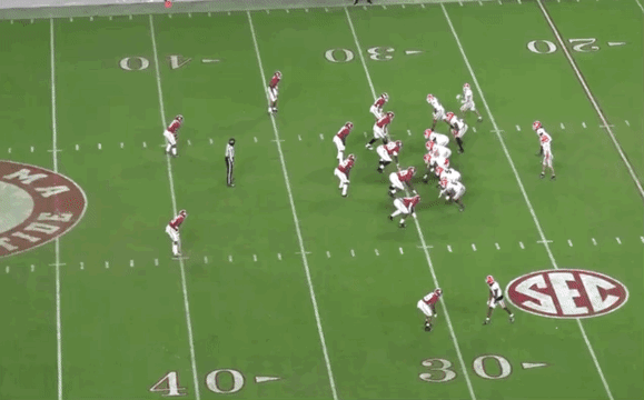 Burton goes in motion, runs an out and up route, catches ball for a big play.