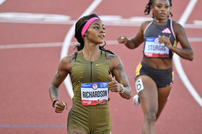 Sha’Carri Richardson wins her 100m dash heat during the US Olympic Track and Field Team Trials.