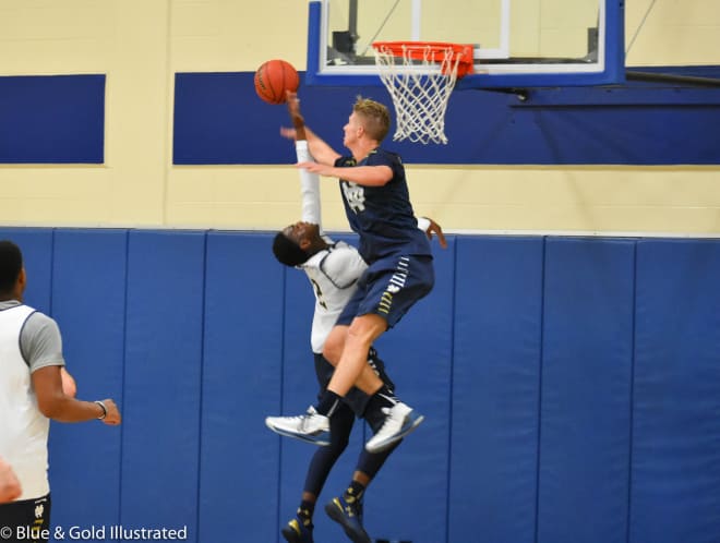 Junior Rex Pflueger blocks an attempted layup by sophomore T.J. Gibbs during Thursday's practice.