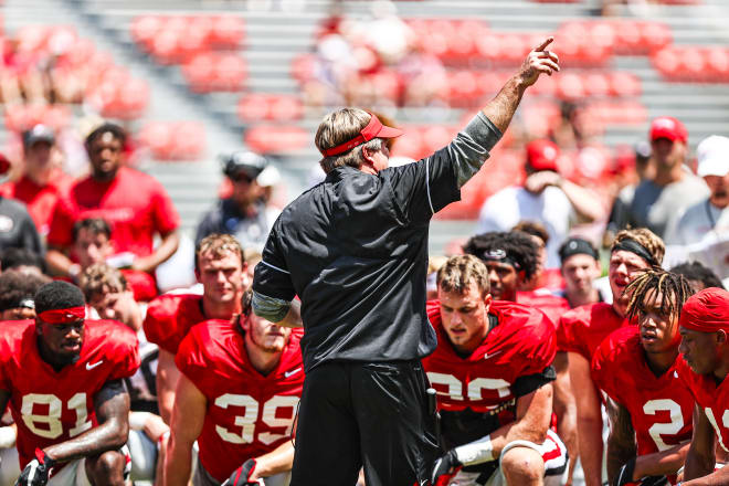 Georgia head coach Kirby Smart during the Bulldogs’ practice session on Dooley Field at Sanford Stadium in Athens, Ga., on Saturday, Aug. 14, 2021. (Photo by Tony WalshUGA Sports Communications)