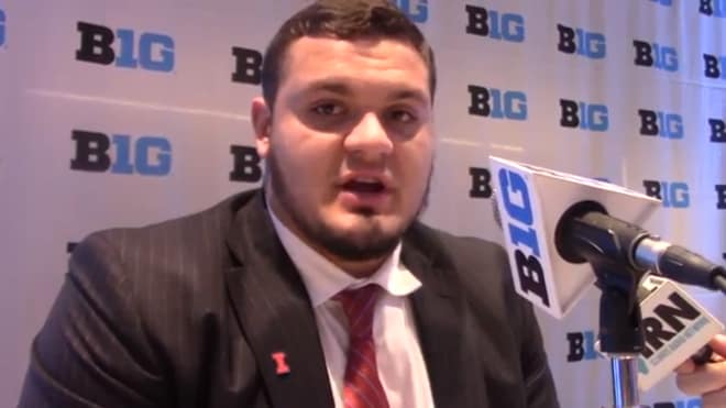 Illinois offensive lineman Nick Allegretti answers questions at Big Ten Media Days in Chicago