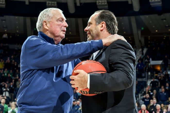 Notre Dame Fighting Irish men’s basketball coaches Digger Phelps and Mike Brey