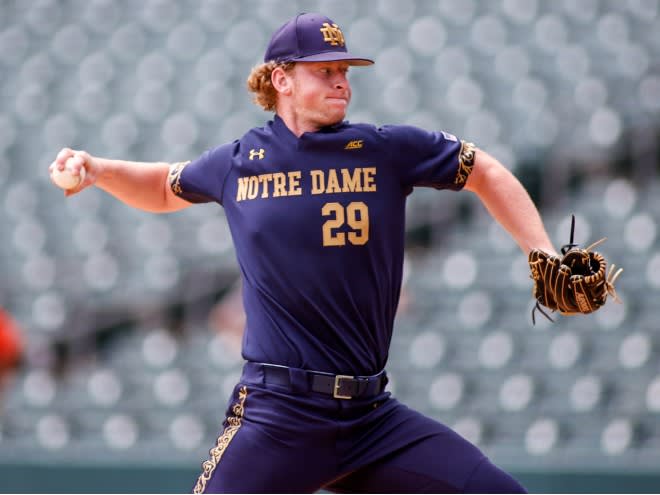 Junior Liam Simon pitched a career-high five innings with eight strikeouts in Notre Dame's 3-0 victroy over Virginia on Friday.