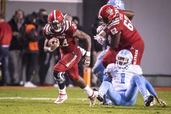 NC State freshman running back Zonovan Knight rushed for 56 yards, but also had a costly fumble in the third quarter Saturday in the 41-10 loss against UNC in Raleigh.