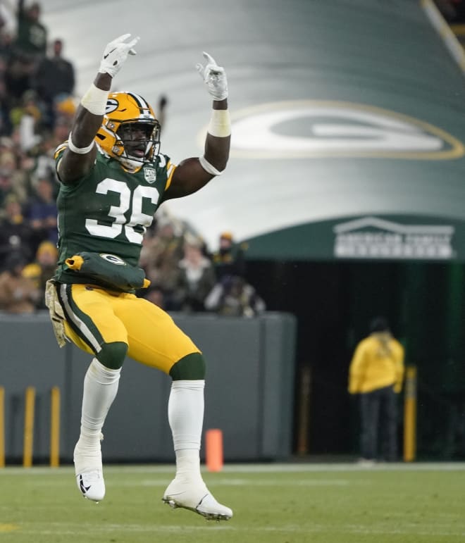 Green Bay safety Raven Greene celebrates after recording a sack in the Packers' win over the Miami Dolphins this past November in Green Bay, Wis.