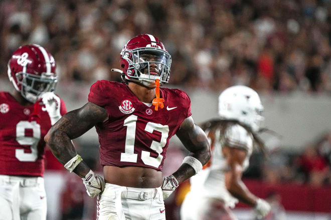 Alabama defensive back Malachi Moore (13) reacts to a penalty that gave the Texas Lonhorns a first down late in the game at Bryant-Denny Stadium on Saturday, Sep. 9, 2023 in Tuscaloosa, Alabama. Photo | Aaron E. Martinez/American-Statesman / USA TODAY NETWORK