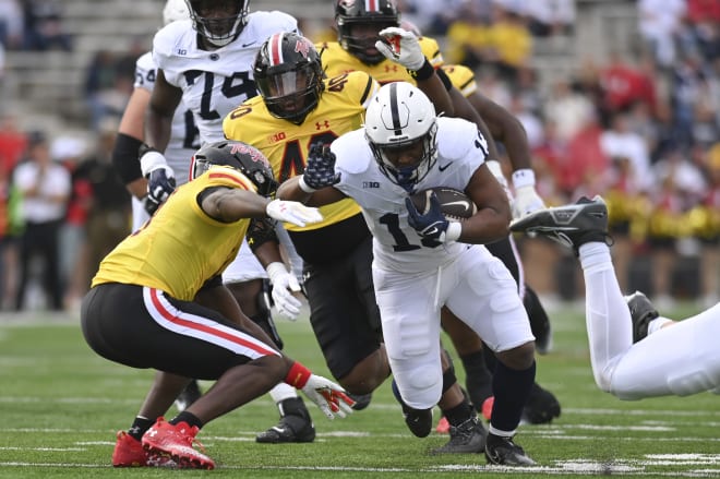 Nov 4, 2023; College Park, Maryland, USA; Penn State Nittany Lions running back Kaytron Allen (13) runs during the first half against the Maryland Terrapins at SECU Stadium. Mandatory Credit: Tommy Gilligan-USA TODAY Sports