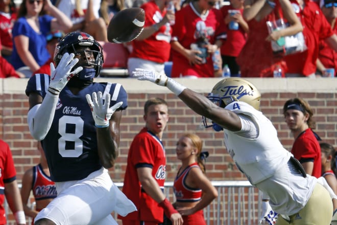 Ole Miss wide receiver Malik Heath hauls in a touchdown pass from Jaxson Dart in the first half of the Rebels' win over Tulsa Saturday at Vaught-Hemingway Stadium. 