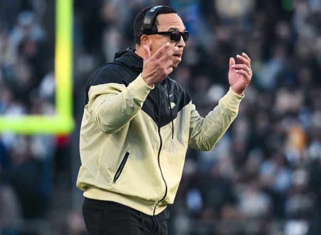 Nov 11, 2023; West Lafayette, Indiana, USA; Purdue Boilermakers head coach Ryan Walters questions a call during the first half against the Minnesota Golden Gophers at Ross-Ade Stadium. Mandatory Credit: Robert Goddin-USA TODAY Sports