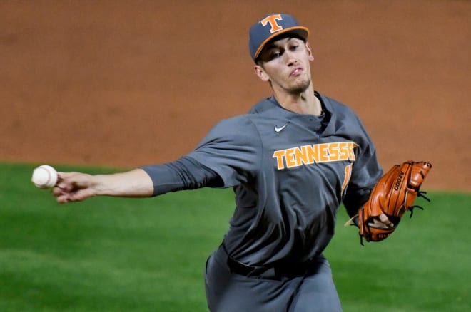Mar 15, 2024; Tuscaloosa, Alabama, USA; Tennessee s AJ Causey pitches against Alabama at Sewell-Thomas Stadium in the first game of the SEC season for both teams.