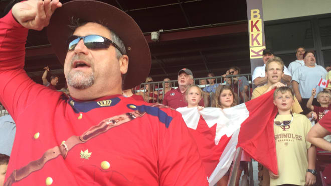 Florida State alum John Viele started dressing as a member of the Royal Canadian Mounted Police -- or Mountie -- during the fifth inning when the Animals of Section B sing 'O Canada.'