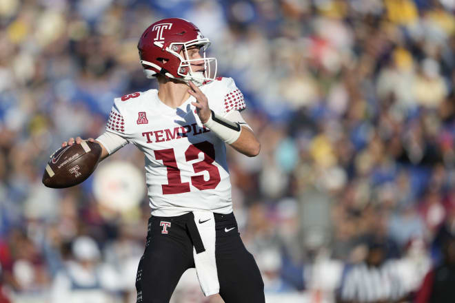 Oct 29, 2022; Annapolis, Maryland, USA; Temple Owls quarterback E.J. Warner (13) throws a pass in the 2nd quarter against the Navy Midshipmen at Navy-Marine Corps Memorial Stadium.