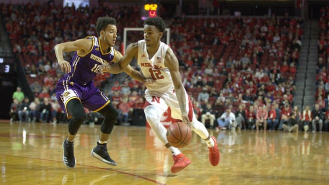 Current Nebraska guard Kobe Webster (left) defends former NU guard Thomas Allen during the Huskers' last meeting vs. Western Illinois in 2018.