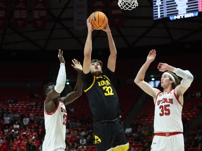Owen Freeman goes up for a rebound in Iowa's NIT Loss to Utah. 