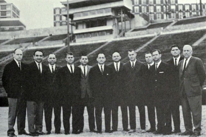 In 1964, Vince Dooley's (sixth from left) first staff at Georgia included Sterling Dupree (extreme right), the program's first director of recruiting.