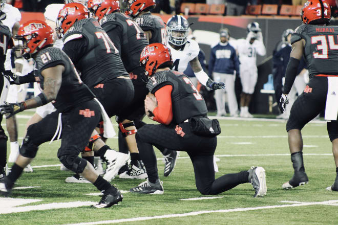 Quarterback Layne Hatcher takes a knee against Georgia Souther, securing a seventh win for the Red Wolves. Hatcher was named 2019 Sun Belt Freshman of the Year.