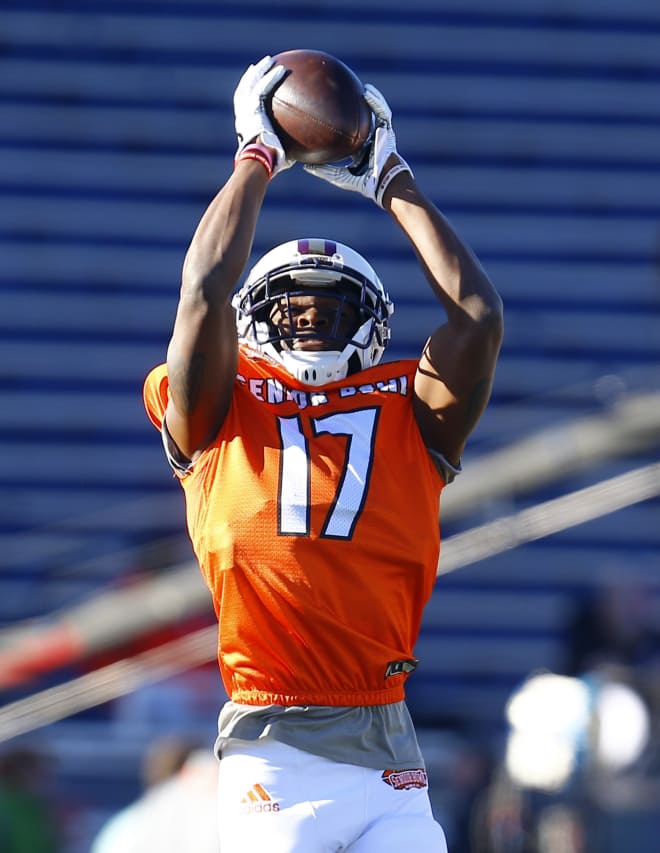 South defensive back Jimmy Moreland of James Madison leaps for an interception during Senior Bowl practice on Thursday in Mobile, Ala.