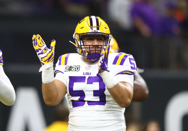 Jan 13, 2020; New Orleans, Louisiana; LSU Tigers linebacker Soni Fonua (53) against the Clemson Tigers in the College Football Playoff national championship game at Mercedes-Benz Superdome. 