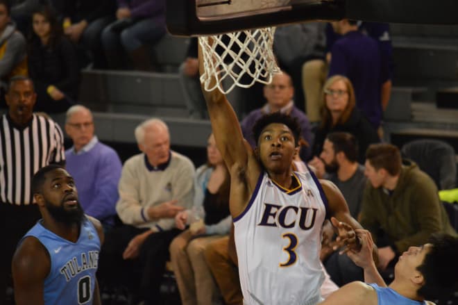 Seth LeDay scores two of his 13 points in ECU's 66-65 win over Tulane