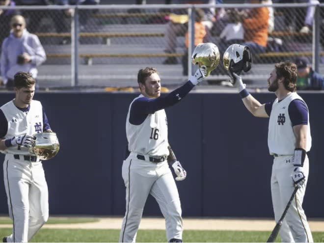 Notre Dame's Jared Miller (16) celebrates a grand slam home run Sunday against Boston College.