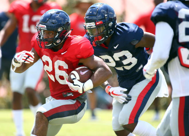 Ole Miss running back Isaiah Woullard looks for a lane during a scrimmage earlier this month. Woullard will make his college debut Saturday in Houston when the Rebels face Texas Tech.