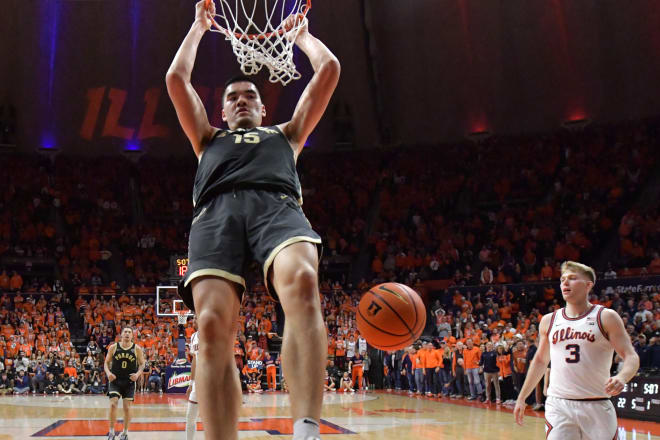 Mar 5, 2024; Champaign, Illinois, USA; Purdue Boilermakers center Zach Edey (15) dunks the ball during the first half against the Illinois Fighting Illini at State Farm Center. Mandatory Credit: Ron Johnson-USA TODAY Sports