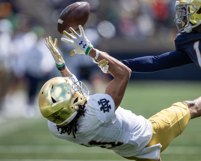 Notre Dame wide receiver KK Smith had three catches for 54 yards on the April 20 Blue-Gold Game.