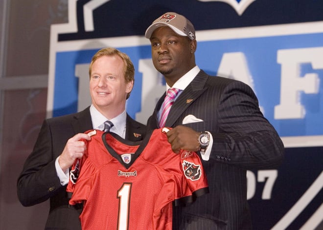 The late Gaines Adams is shown here at the 2007 NFL Draft with NFL Commissioner Roger Goodell.