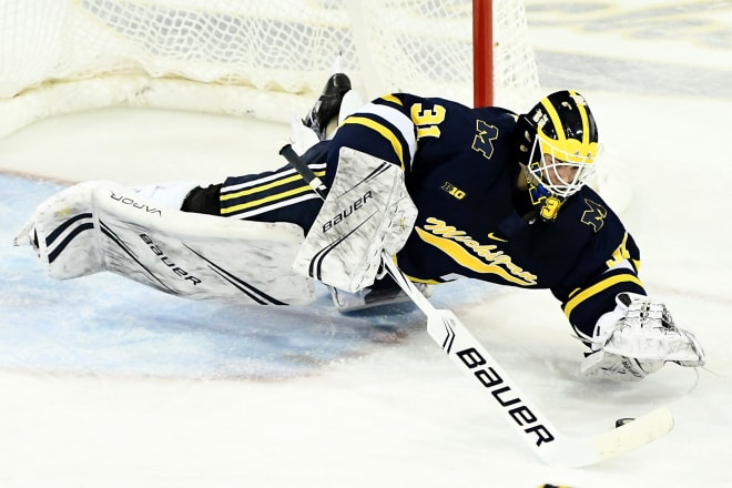 Michigan Wolverines hockey sophomore goalie Strauss Mann