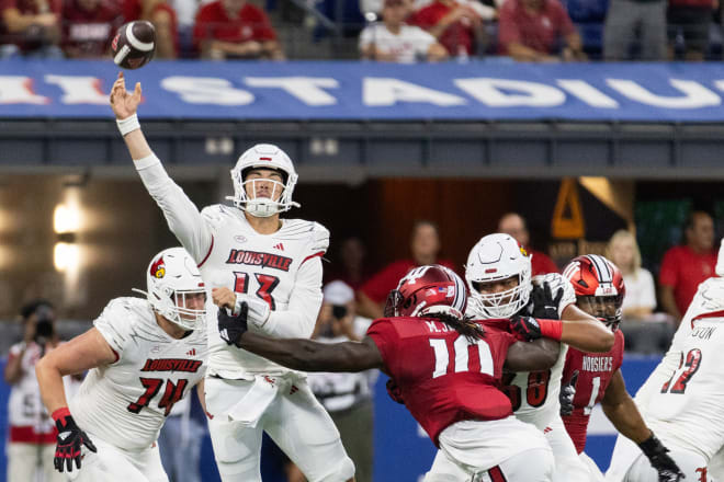 Jackson gets a hand on Louisville quarterback Jack Plummer in this year's matchup between the Hoosiers and Cardinals.