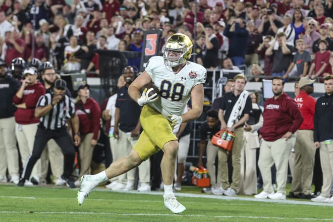After grabbing this TD reception against South Carolina in the Gator Bowl last December, Notre Dame tight end Mitchell Evans was held without a catch in ND's 2023 season opener on Saturday.