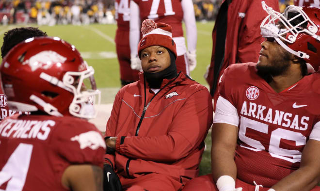 Arkansas quarterback KJ Jefferson sits on the sideline during the 48-14 loss to Missouri on Saturday.