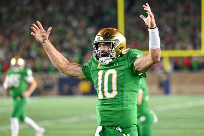 Quarterback Sam Hartman celebrates during last weekend's game against Ohio State. 