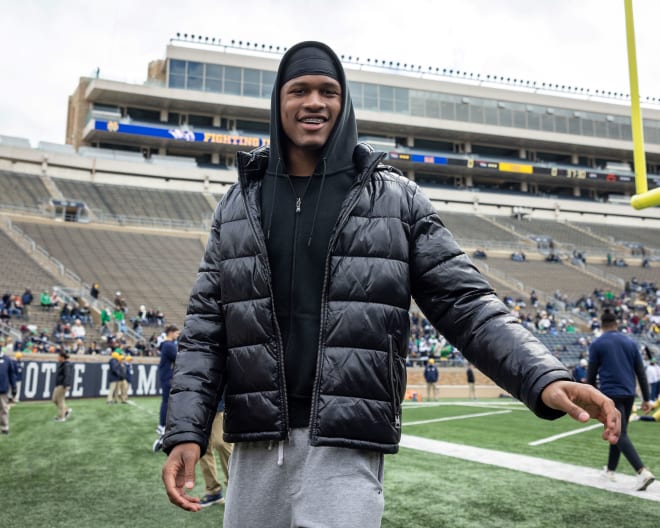 Notre Dame 2025 QB commit Deuce Knight takes in the atmosphere at Saturday's Blue-Gold Game at Notre Dame Stadium.