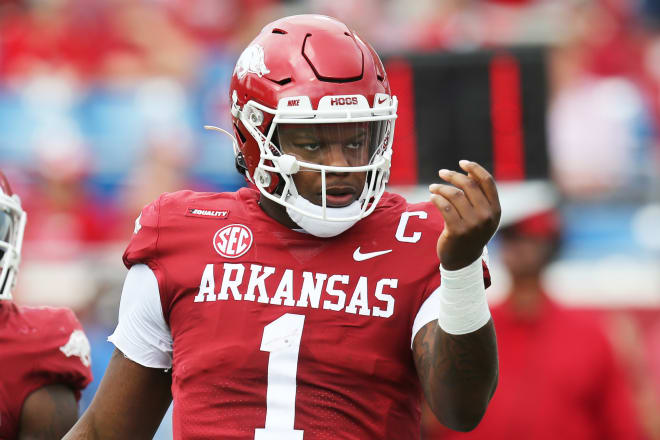 Arkansas quarterback KJ Jefferson made his first career start at LSU two years ago.