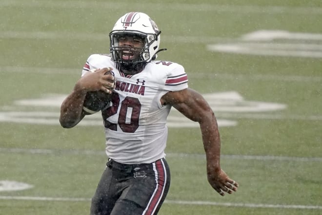 South Carolina running back Kevin Harris races to the end zone for a touchdown.