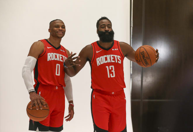 Russell Westbrook (left) and James Harden are hoping to win an NBA title in Houston. 