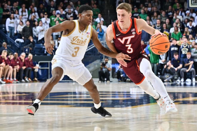 Notre Dame men's basketball was led by freshman guard Markus Burton (left) on both ends of the floor in Saturday's win vs. Virginia Tech. Burton led the team in points, assists and steals.