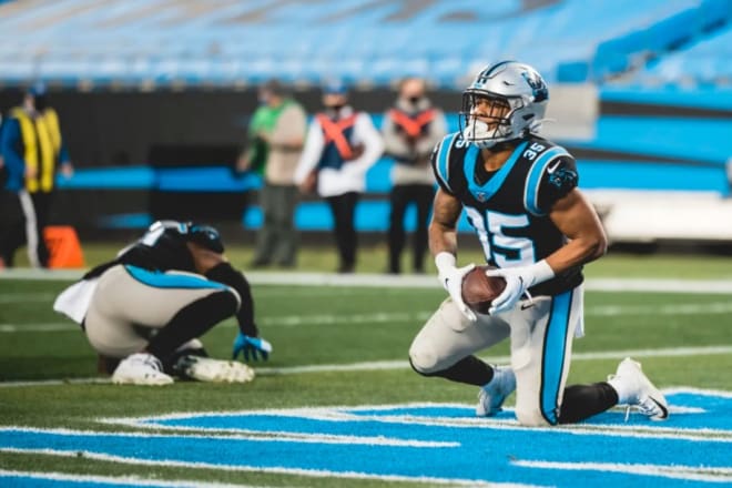 Rodney Smith finds his way to the end zone versus the Saints on Sunday. (Photo: panthers.com)