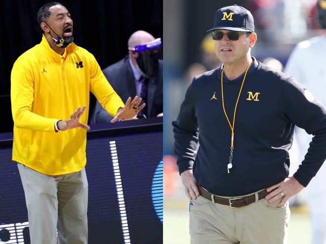 Michigan Wolverines basketball head man Juwan Howard (left) and football head coach Jim Harbaugh (right) are both hosting recruiting visitors this month.