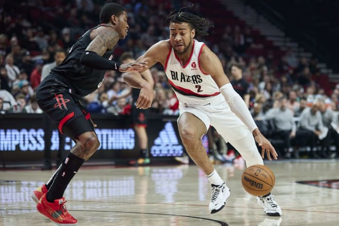 Ex-LSU forward Trendon Watford of the Portland Trail Blazers, seen here in a game last season vs. Houston, had 7 points, 9 rebounds and 2 blocked shots in his team's NBA Las Vegas Summer League win over the Rockets Thursday night.