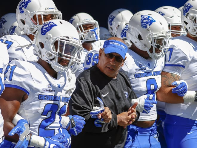 Former Georgia State head coach Trent Miles, in black, is expected to join Notre Dame football's staff as analyst.