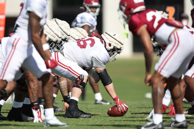 Alabama's offensive line during practice. Photo | Alabama Athletics 