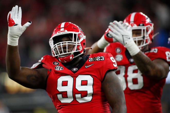 Georgia defensive lineman Bear Alexander (99) celebrates after sacking TCU quarterback Max Duggan (15) during the first half of the NCAA College Football National Championship game between TCU and Georgia on Monday, Jan. 9, 2023, in Inglewood, Calif. Photo | Joshua L Jones