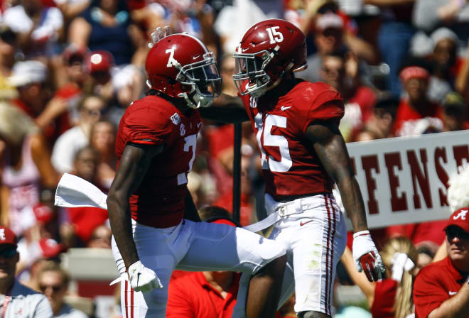 Alabama Crimson Tide defensive back Trevon Diggs (7) celebrates with defensive back Xavier McKinney (15) after intercepting a pass during the first half of an NCAA college football game against Southern Mississippi at Bryant-Denny Stadium. Photo | Imagn