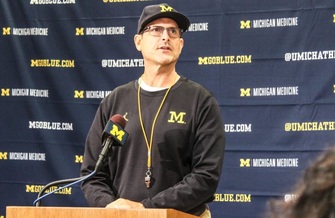 Michigan coach Jim Harbaugh spoke to the media after the first day of spring practice.