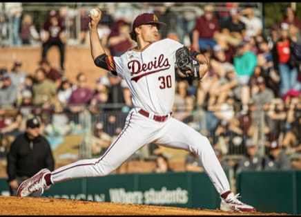 Right handed pitcher and Texas A&M transfer Khristian Curtis edited an ASU uniform over a photo of him pitching for Texas A&M when he announced his commitment